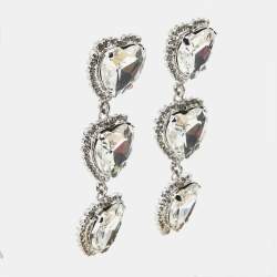 Pre Owned Alessandra Rich Hearts Crystals Silver Tone Drop Earrings