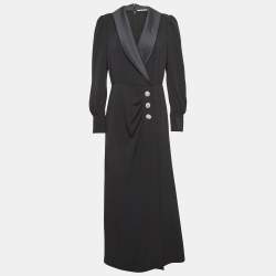 Alessandra Rich Black Satin Trim Crepe Hollywood Crystal Detail Maxi Dress M