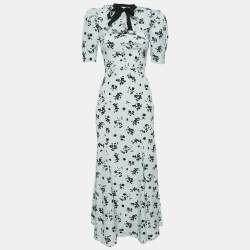 Alessandra Rich Blue Floral Print Silk Ruffled Neck Maxi Dress XS