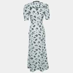 Alessandra Rich Blue Floral Print Silk Ruffled Neck Maxi Dress XS