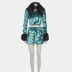 Pre Owned Alessandra Rich Green Velvet Fur Trim Jacket and Mini Skirt Suit S