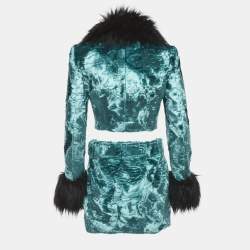 Pre Owned Alessandra Rich Green Velvet Fur Trim Jacket and Mini Skirt Suit S