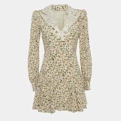 Pre Owned Alessandra Rich Cream Floral Print Lace Trim Mini Dress S