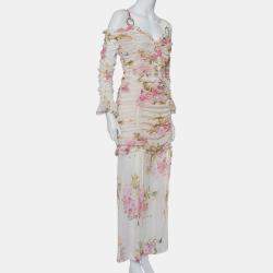 Alessandra Rich White Floral Printed Silk Ruched Cold Shoulder Maxi Dress M