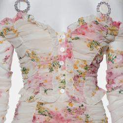 Alessandra Rich White Floral Printed Silk Ruched Cold Shoulder Maxi Dress M