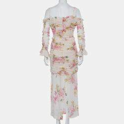 Alessandra Rich White Floral Printed Silk Ruched Cold Shoulder Maxi Dress M