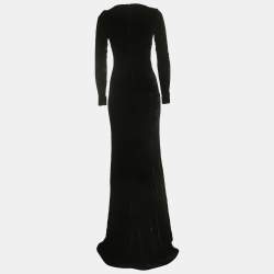 Alessandra Rich Black Velvet Cut-Out Long Sleeve Slit Gown S