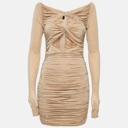 Alex Perry Beige Studded Jersey Ruched Dress and Leggings Set M