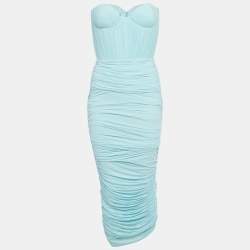 Alex Perry Blue Jersey Strapless Ruche Maxi Dress With Gloves S