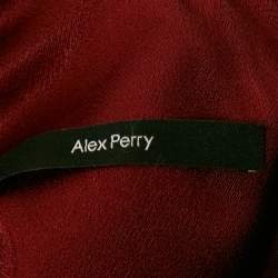 Pre Owned Alex Perry Dark Red Crepe Asymmetric Long Sleeve Flounce Gown L