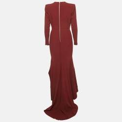 Pre Owned Alex Perry Dark Red Crepe Asymmetric Long Sleeve Flounce Gown L