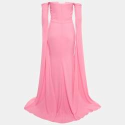 Pre Owned Alex Perry Neon Pink Crepe Strapless Shoulder Drape Crinoline Gown M