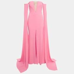 Pre Owned Alex Perry Neon Pink Crepe Strapless Shoulder Drape Crinoline Gown M  