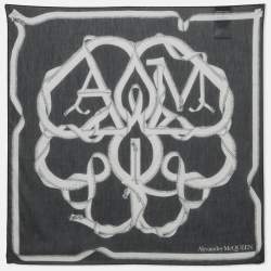 Alexander McQueen Navy Blue Printed Cotton Blend Scarf 