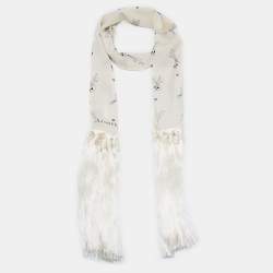 Alexander McQueen Off White Party Skull Printed Silk Fringed Stole