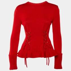 Pre Owned Alexander McQueen Red Wool Knit Lace Up Detail Sweater Top M