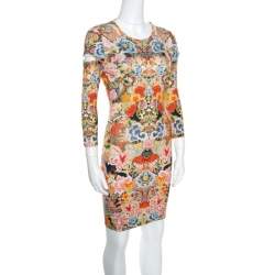 Pre Owned Alexander McQueen Floral Printed  Jersey Cutout Sleeve Detail Bodycon Dress S