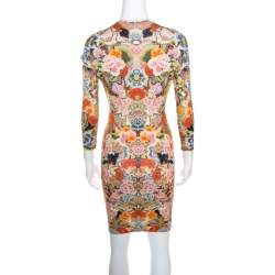 Pre Owned Alexander McQueen Floral Printed  Jersey Cutout Sleeve Detail Bodycon Dress S