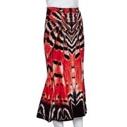 Pre Owned Alexander McQueen Red Abstract Pattern Silk Knit Flounce Skirt S