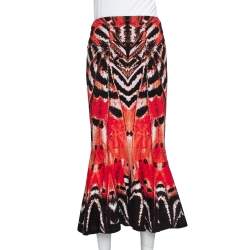 Pre Owned Alexander McQueen Red Abstract Pattern Silk Knit Flounce Skirt S