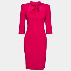 Pre Owned  Alexander McQueen Fuschia  Crepe Ruffle Trim Bow Neckline Detail Dress S