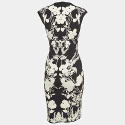 Pre Owned Alexander McQueen Black/White Floral Patterned Knit Bodycon Dress S