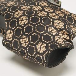 Pre Owned Alexander McQueen Black/Beige Printed Satin and Leather De Manta Clutch