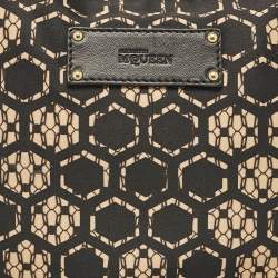 Pre Owned Alexander McQueen Black/Beige Printed Satin and Leather De Manta Clutch