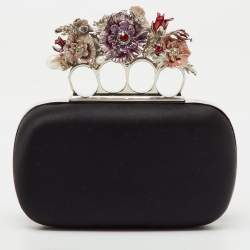 Alexander McQueen Black Satin Floral Knuckle Clutch