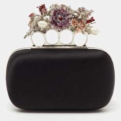 Alexander McQueen Black Satin Floral Knuckle Clutch