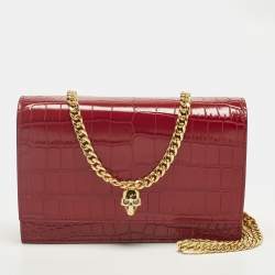 Pre Owned Alexander McQueen Skull Red Croc Embossed Leather Chain Shoulder Bag