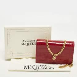 Pre Owned Alexander McQueen Skull Red Croc Embossed Leather Chain Shoulder Bag