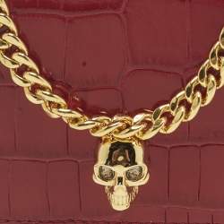 Pre Owned Alexander McQueen Skull Red Croc Embossed Leather Chain Shoulder Bag