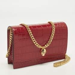 Pre Owned Alexander McQueen Skull Red Croc Embossed Leather Chain Shoulder Bag