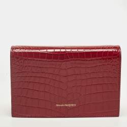 Pre Owned Alexander McQueen Skull Red Croc Embossed Leather Chain Shoulder Bag