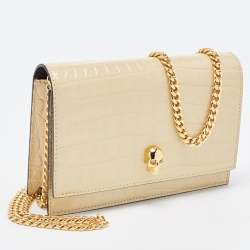 Pre Owned Alexander McQueen Beige Croc Embossed Leather Small Skull Shoulder Bag