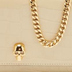 Pre Owned Alexander McQueen Beige Croc Embossed Leather Small Skull Shoulder Bag