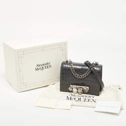 Pre Owned Alexander McQueen Grey Croc Embossed Leather Jewelled Shoulder Bag