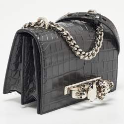 Pre Owned Alexander McQueen Grey Croc Embossed Leather Jewelled Shoulder Bag
