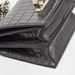 Pre Owned Alexander McQueen Grey Croc Embossed Leather Jewelled Shoulder Bag