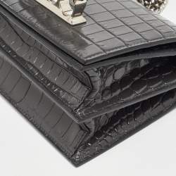 Pre Owned Alexander McQueen Grey Croc Embossed Leather Jewelled Shoulder Bag