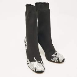 Alexander McQueen Black/Silver Embroidered Knit Fabric Ankle Boots Size 37