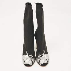 Alexander McQueen Black/Silver Embroidered Knit Fabric Ankle Boots Size 37