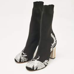 Alexander McQueen Black/Silver Embroidered Knit Fabric Ankle Boots Size 37