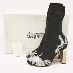 Alexander McQueen Black/Silver Embroidered Knit Fabric Ankle Boots Size 37