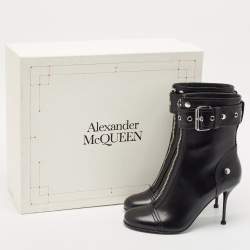 Alexander McQueen Black Leather Studded Biker Ankle Boots Size 40