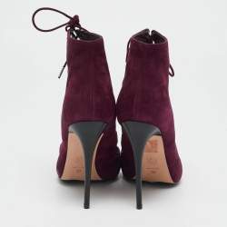 Alexander McQueen Burgundy Suede Ankle Length Studded Cut Out Ankle Boots Size 37