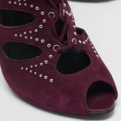 Alexander McQueen Burgundy Suede Ankle Length Studded Cut Out Ankle Boots Size 37
