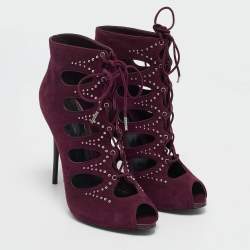 Alexander McQueen Burgundy Suede Ankle Length Studded Cut Out Ankle Boots Size 37