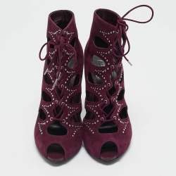 Alexander McQueen Burgundy Suede Ankle Length Studded Cut Out Ankle Boots Size 37